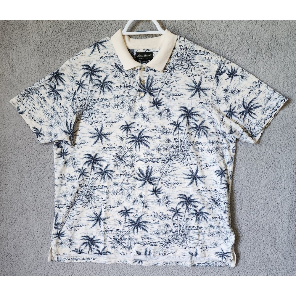 Eddie Bauer Polo Shirt Mens XL Cream Navy Blue Tropical Palm Tree Print Cotton